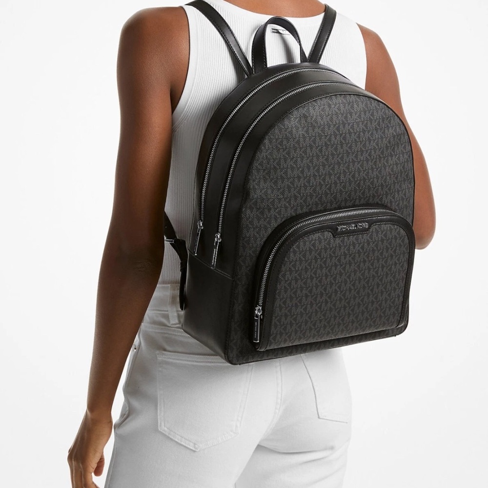 NWT MICHAEL KORS JAYCEE LARGE ZIP POCKET BACKPACK BAG TOTE MK BLACK LOGO SILVER